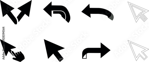 Arrow icon and cursor pointer black and outline vector set for web navigation design silhouette isolated on transparent background