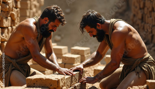 Scene from the Bible with Moses and builders working with clay bricks in ancient setting. Two male figures engaged in construction activity, shaping and placing bricks.