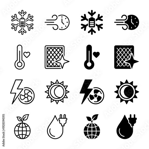 Modern HVAC and energy efficiency icon set featuring hybrid symbols for climate control air filtration power saving and sustainable environmental technology