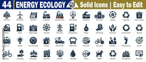 Energy ecology solid icons set. Including eco-friendly design elements and sustainable lifestyle symbols, easy-to-edit vector graphics for nature conservation elements. 
