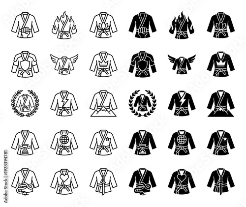 Martial arts kimono icons featuring hybrid symbols of discipline and power including dragon flame heart lotus mountain and shield elements in line and solid style