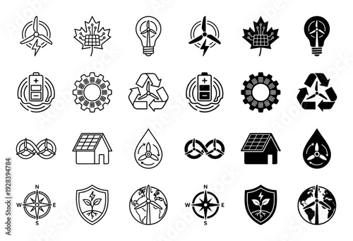 Sustainable energy hybrid icon set featuring wind turbine symbols merged with nature elements like maple leaf and water drop in outline and solid style