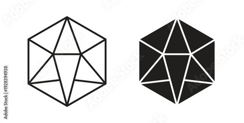 Dice d20 icon style design pack on white background. Thin line and clipart style