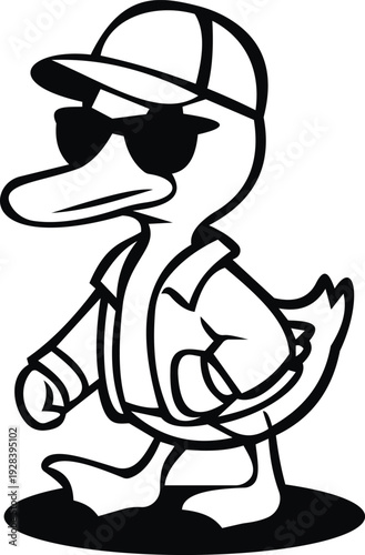 This playful illustration features a cool duck character wearing sunglasses and a cap, embodying a fun and laid-back vibe. Dressed in a stylish jacket, it represents confidence and charisma. The bold,