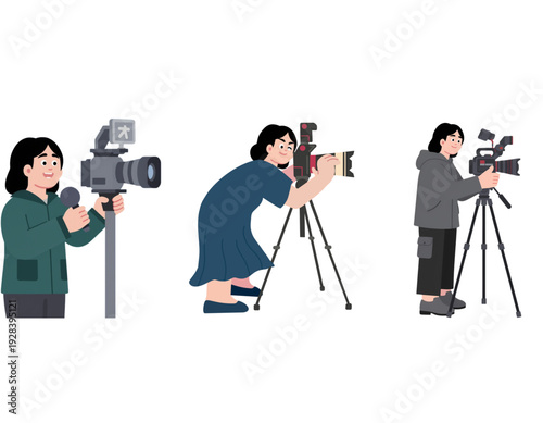 Three women engaged in different forms of media production, operating cameras and microphones for reporting or filming.