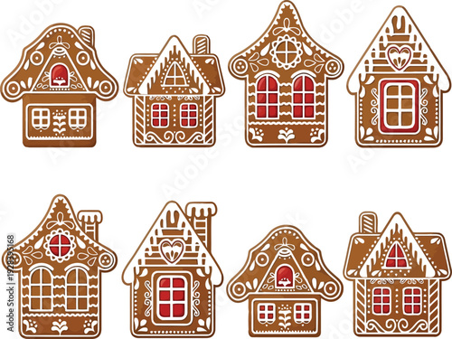 Decorated gingerbread houses vector set illustration.