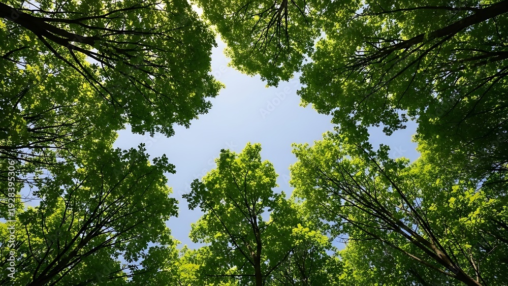Fototapeta premium Low Angle View of Green Trees Against Blue Sky.