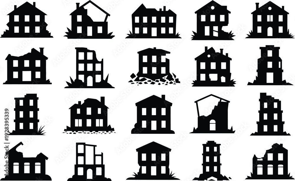 Obraz premium Collection of damaged and destroyed house silhouettes in various states of disrepair