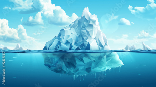 A stylized illustration depicting an iceberg, partially submerged, with a bright sky and fluffy clouds