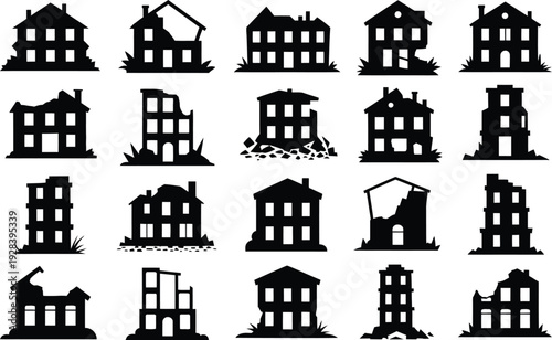Collection of damaged and destroyed house silhouettes in various states of disrepair