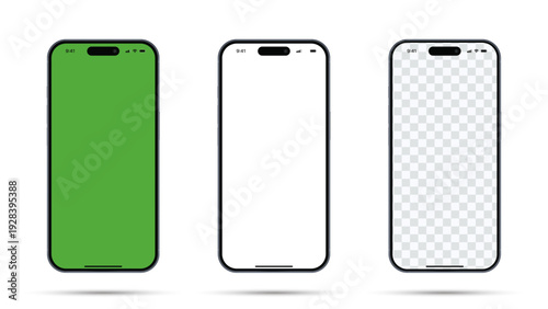 Realistic Smartphone Mockup Set. Isolated 3D Mobile Phone Front Views in White, Green & transparent Screen for UI/UX Presentations with Shadows