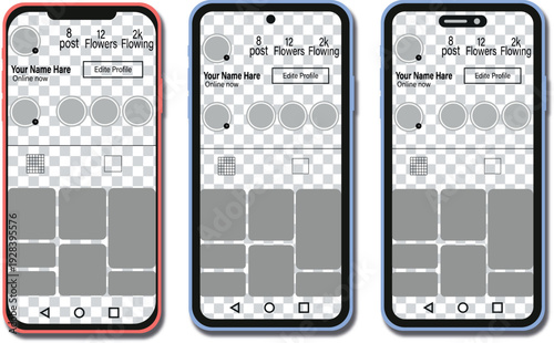 Mockups of a mobile app interface displaying photo grid layouts