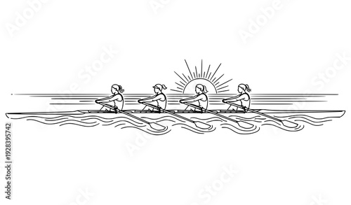 Black and White Rowing Team Line Art Illustration with Sunrise and Water Ripples Minimal Vector