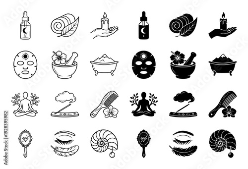 Wellness and holistic beauty icon set featuring hybrid symbols like moon serum bottles hibiscus mortar pestle and meditative nature silhouettes