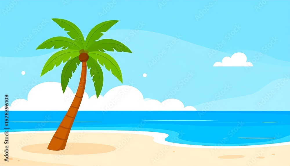 Obraz premium Tropical beach scene with palm tree and blue ocean.