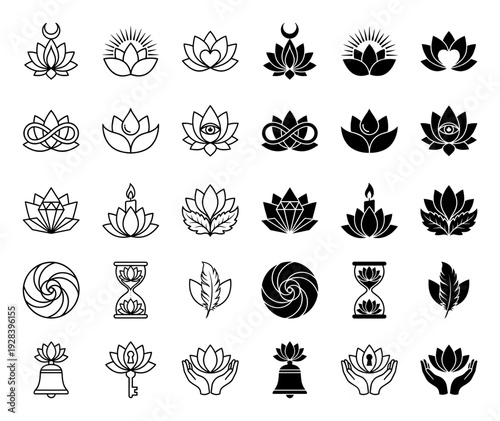 Collection of lotus flower hybrid icons combining floral petals with mystical symbols like moon infinity eye candle and hourglass in outline and solid styles