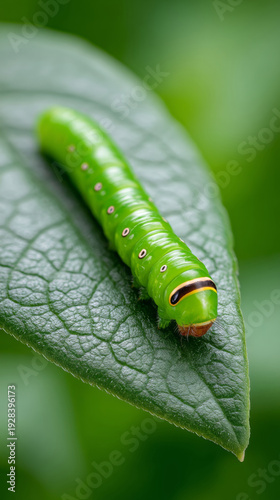 Vibrant green caterpillar on leaf in natural setting for nature concepts