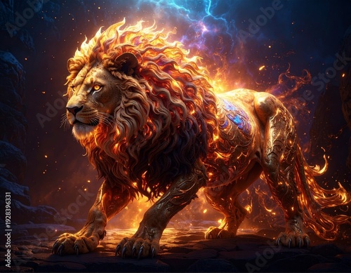 Flaming lion walks through dark space with bright flames and blue lightning in the background