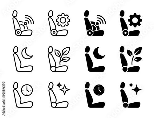 Ergonomic automotive seat icons featuring hybrid symbols for smart lumbar support massage gear adjustment sleep mode and eco friendly comfort