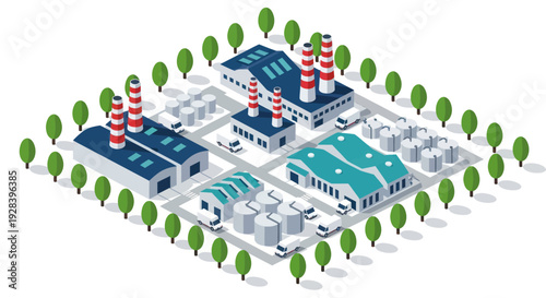 Isometric Industrial Factory Complex with Greenery and Trucks.