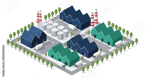 Isometric Industrial Park with Warehouses and Storage Tanks.
