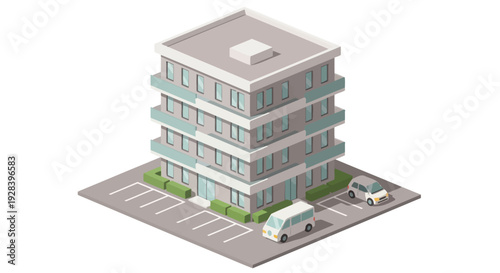 Isometric Modern Apartment Building with Parking Lot and Cars.
