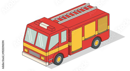 Isometric Red Fire Truck Vehicle Illustration.