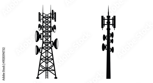 Two communication towers stand against a white background silhouette
