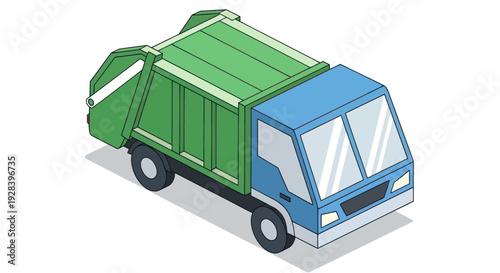 Isometric View of a Green and Blue Garbage Truck.