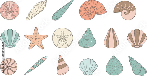 Collection of Minimalist Seashell and Starfish Vector Icons in Pastel Colors for Summer Beach Decor, Nautical Branding, and Ocean Themed Pattern Design