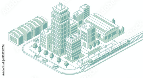 Isometric view of a modern city with buildings, roads, and a train.