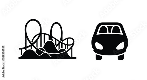 Amusement park icons featuring a roller coaster and car silhouette