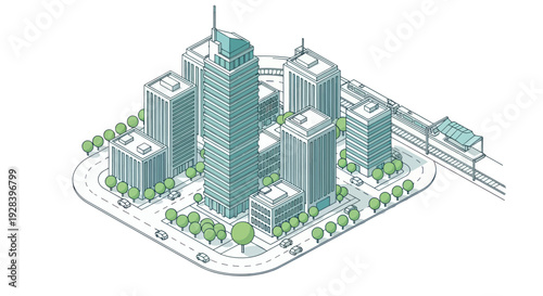 Isometric view of a modern city with tall buildings and green spaces.