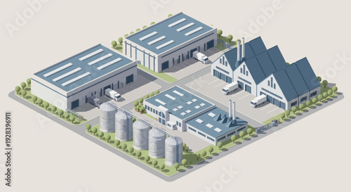 Foto Isometric View of a Modern Industrial Complex with Warehouses and Silos