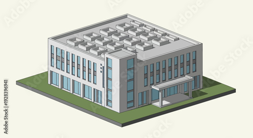 Isometric View of a Modern Office Building with Detailed Architecture.
