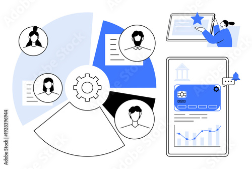 Data analysis, user management, financial dashboard, technology tools, digital platforms, teamwork. Gear icon with user profiles and charts. Data analysis and user management concepts