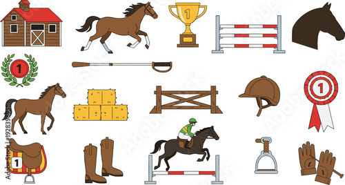 Comprehensive Equestrian Sports Icon Set Featuring Horses, Jockeys, Show Jumping Hurdles, Saddles, Riding Boots, Barns, and Winner Awards for Horse Racing Design