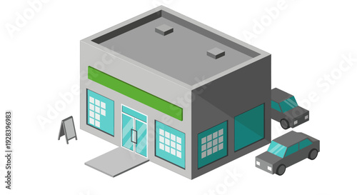 Isometric View of a Modern Storefront with Parked Cars.