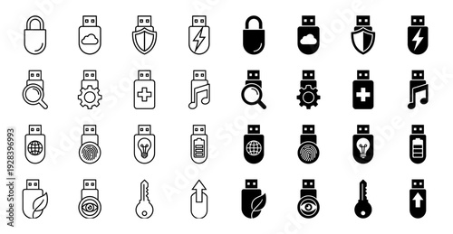 Collection of hybrid usb flash drive icons merging digital storage with security shield cloud power battery music and biometric identity symbols