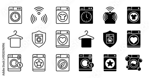 Professional laundry service icons featuring hybrid washing machine symbols with clock heart star and currency elements in outline and solid styles