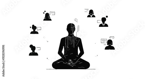 person meditating surrounded by social media notifications