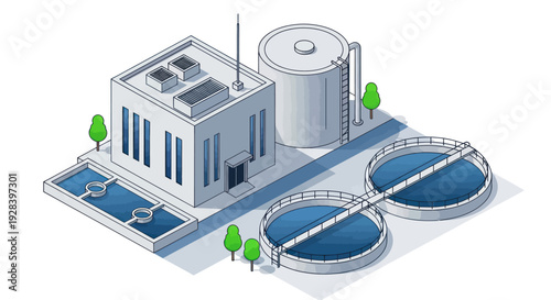 Isometric Water Treatment Plant Illustration with Industrial Buildings and Tanks.