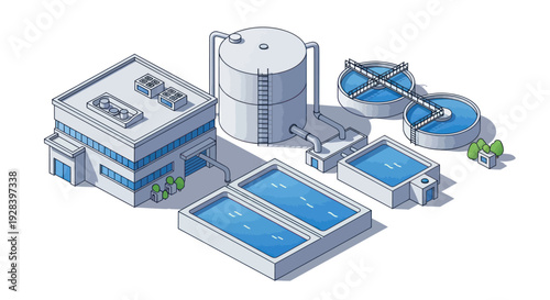 Isometric Water Treatment Plant with Tanks and Buildings.