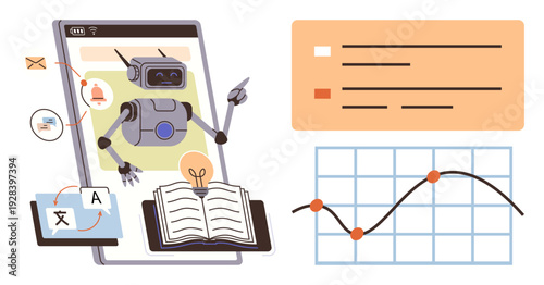 Artificial intelligence, e-learning, language translation, data analysis, automation, technology. Robot assisting with translation, books and data charts. E-learning and language translation concept