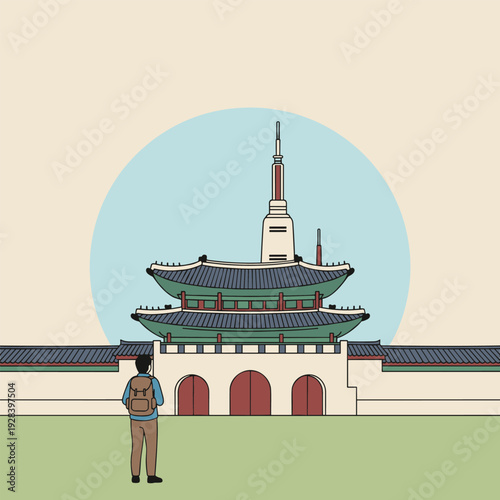 Traveler with backpack admires traditional Korean architecture and Namsan Tower in Seoul
