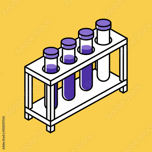 Isometric illustration of a rack holding four test tubes with purple liquid and caps