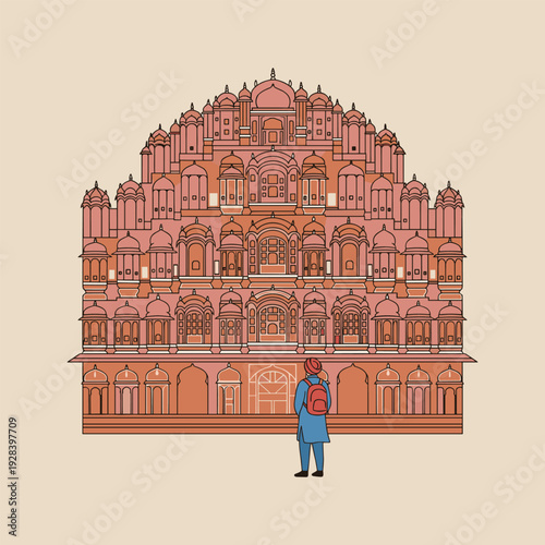 Hawa Mahal palace in Jaipur, India, with a tourist looking at the facade