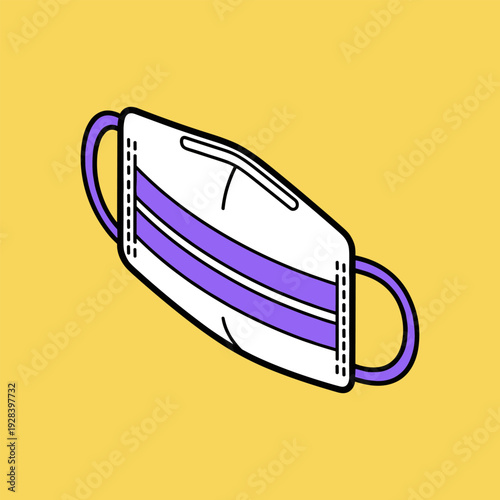 Simple flat illustration of a white and purple face mask on a yellow background
