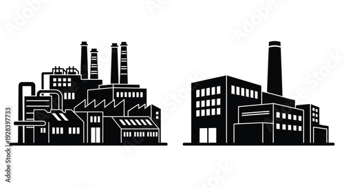 Industrial complex with factory buildings and smokestacks silhouette