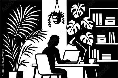 Indoor Plant Decor Home Office – Freelancer Workspace, Remote Work Vector Illustration